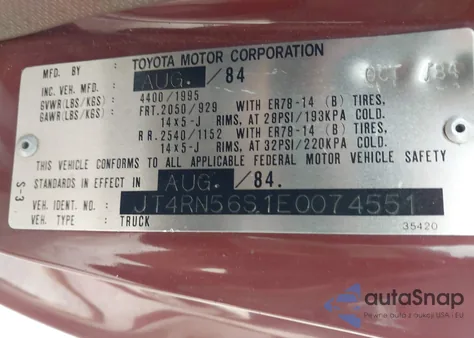 1984 Toyota Pickup Xtracab Rn56 Sr5 z USA, uszkodzony, nr VIN JT4RN56S1E0074551